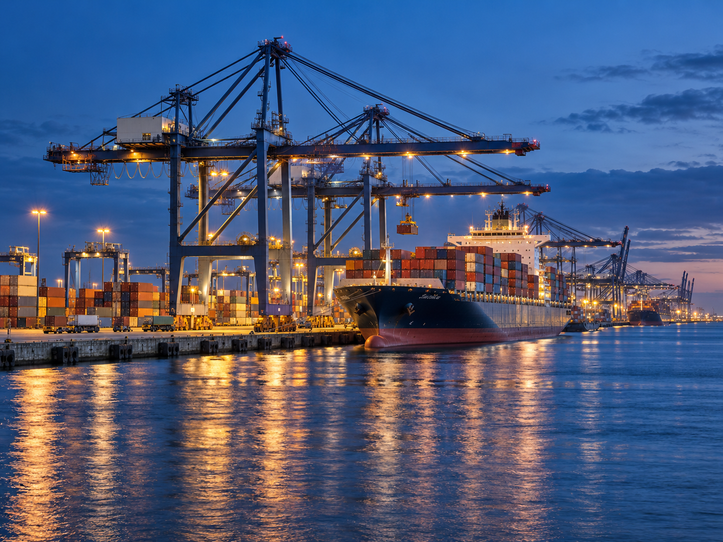 Illustrative container port at blue hour