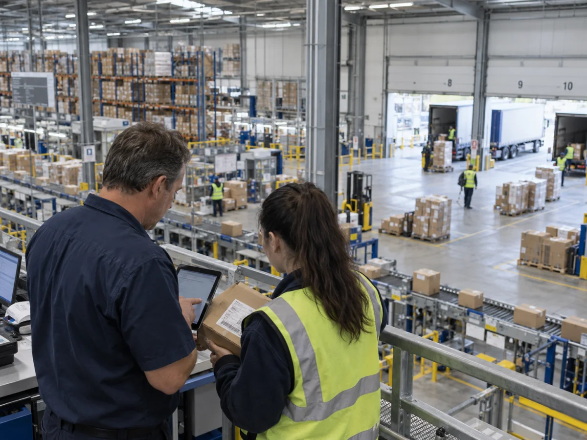 Illustrative warehouse staff reviewing a dispatch exception